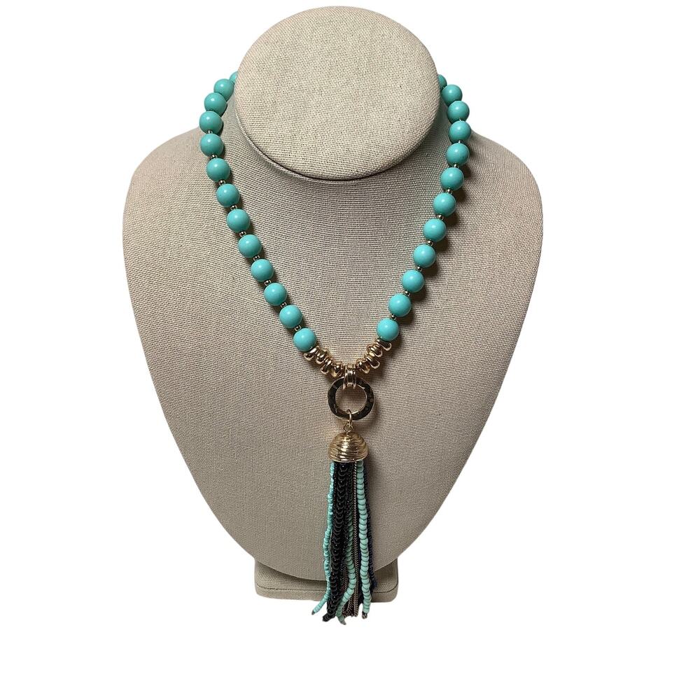 Cara NY Gold Tone Turquoise Beaded Tassel Pendant Necklace Statement Boho A5-42